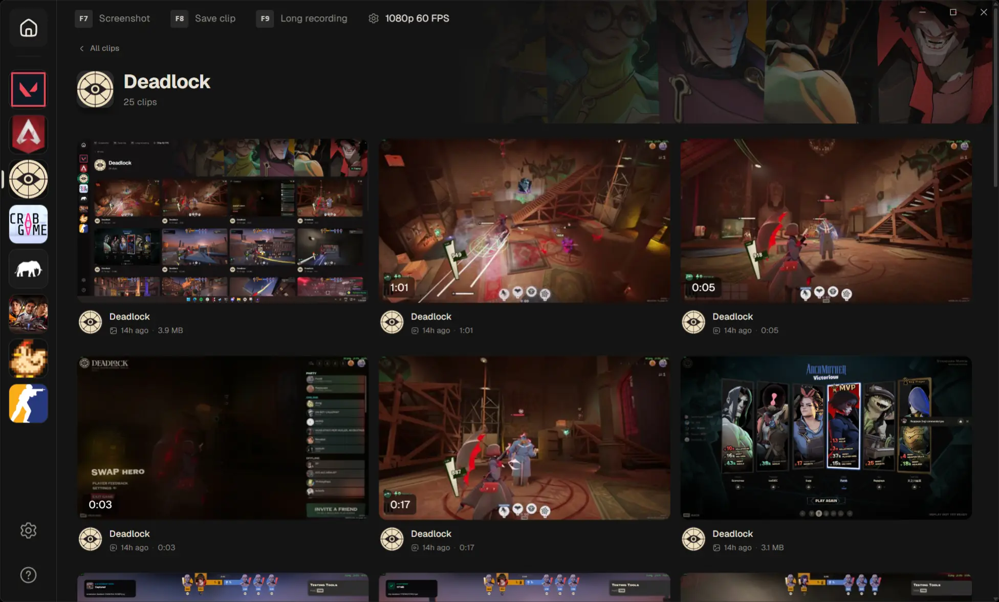 PlayShot desktop app — Deadlock clip library